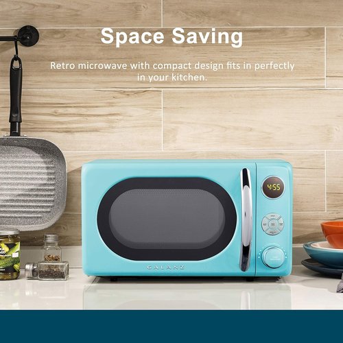 Galanz Retro Microwave Oven - 0.7 Cu Ft, LED Lighting, Pull Handle Design, Child Lock | Bebop Blue