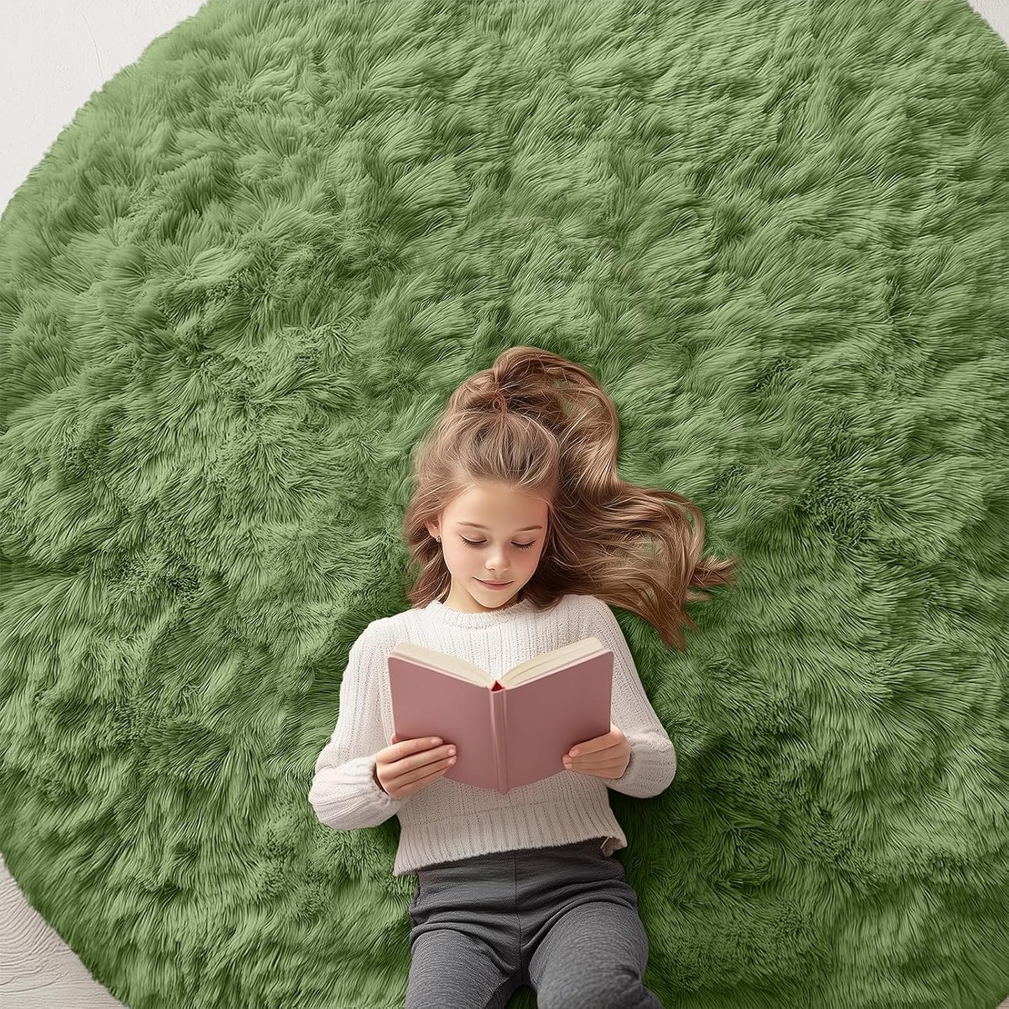 OLANLY Green Round Area Rug - Soft, Fluffy Shaggy Carpet | 6 ft Machine Washable for Bedroom & Living Room