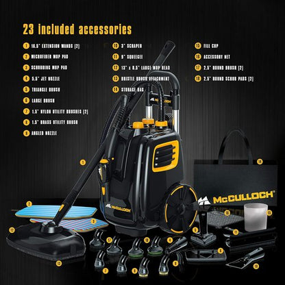 McCulloch MC1385 Deluxe Canister Steam Cleaner - 23 Accessories & Replacement Mop Pads (2-Pack)