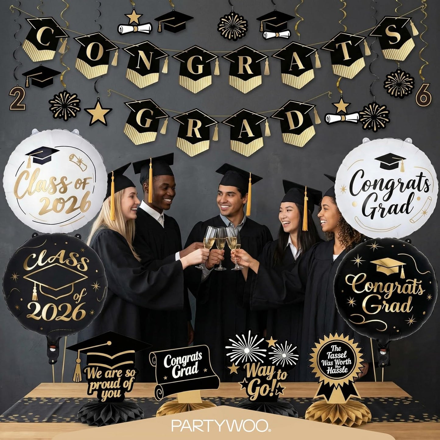 PartyWoo Graduation Decorations - Class of 2026 Black & Gold 19-Piece Set with Banner & Balloons
