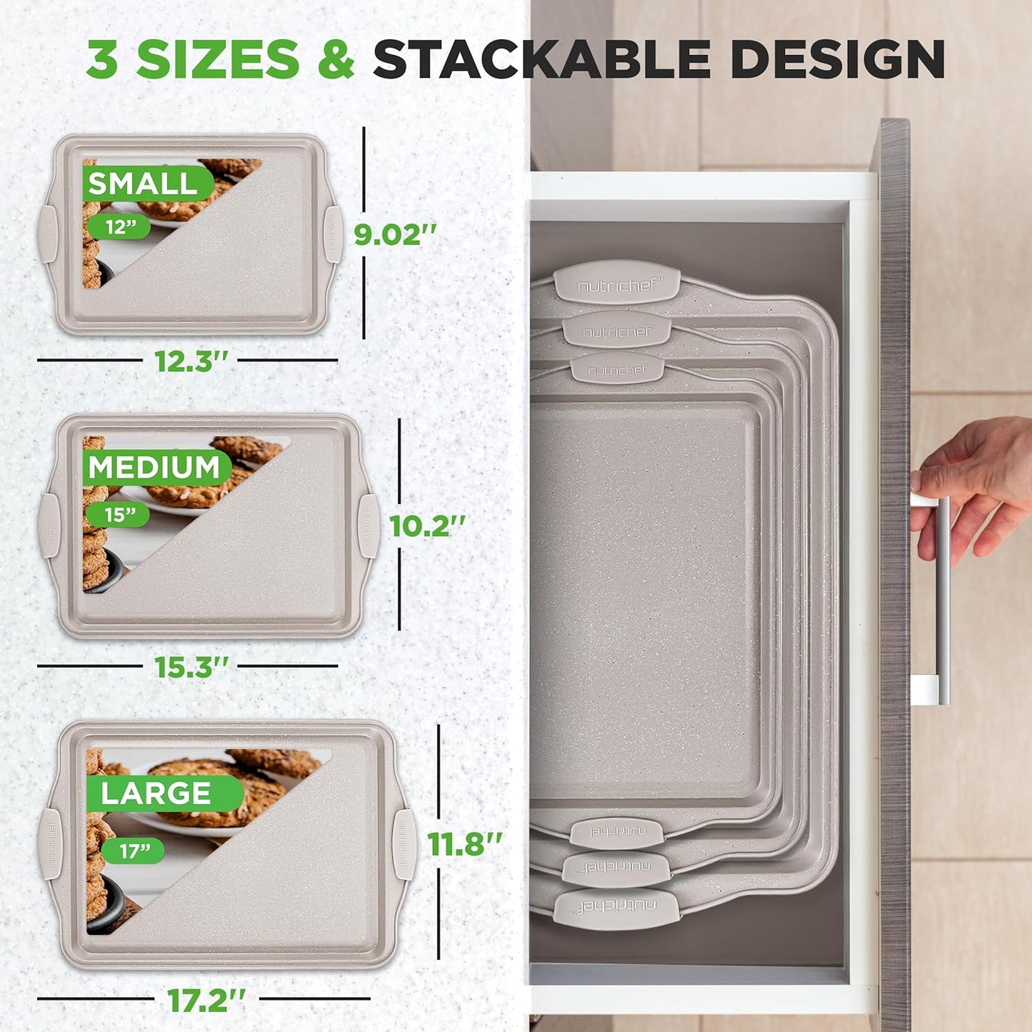 NutriChef Nonstick Cookie Sheets - Premium Carbon Steel Baking Pans with Silicone Handles | Easy to Clean, Cream Marble