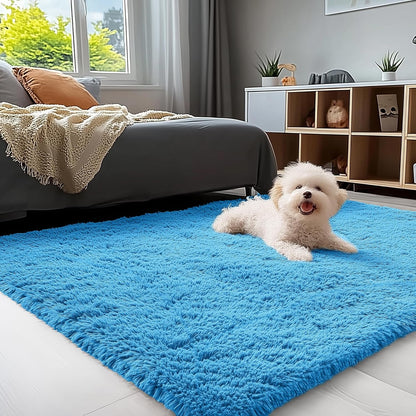 OLANLY Soft Fluffy 3x5 Machine Washable Bedside Rug - Bright Blue Shaggy Carpet for Kids & Home Decor