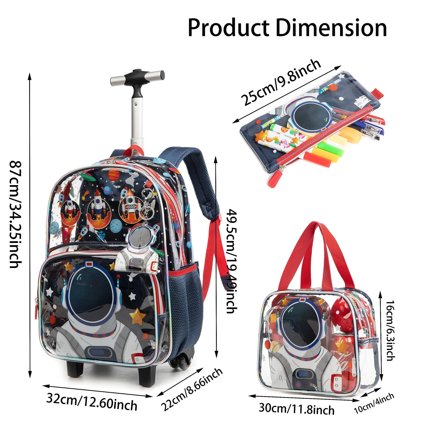 MOHCO Clear Rolling Backpack Kids Wheeled School Bookbag for Boys and Girls (Astronaut)