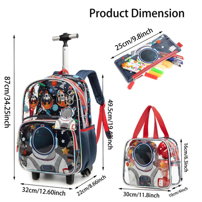 MOHCO Clear Rolling Backpack Kids Wheeled School Bookbag for Boys and Girls (Astronaut)