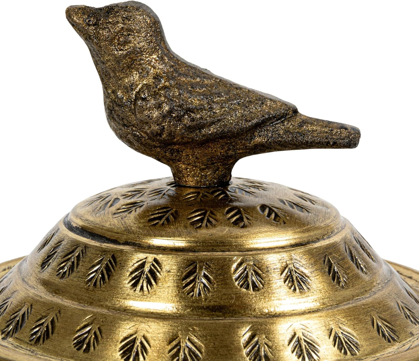 Regine Switzerland Round Hammered Metal Container - Elegant Bird Finial in Brass Finish