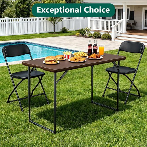 Folding Table | 4FT Heavy Duty Plastic with Handle - Portable & Foldable for Outdoor Events, Brown