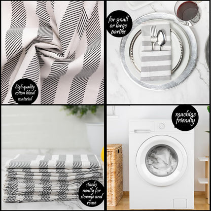 PERLLI Cotton Cloth Napkins - 12 Pack 18x18 Inches | Washable Black, Gray & White Stripes for Elegant Table Settings