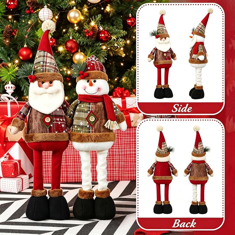 Christmas Extendable Santa & Snowman Plush Set - Standing Holiday Table Decor