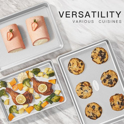 HONGBAKE Nonstick Baking Sheet Pan Set - Heavy Duty Cookie Sheets with Diamond Texture | Silver, Half & Quarter Sizes