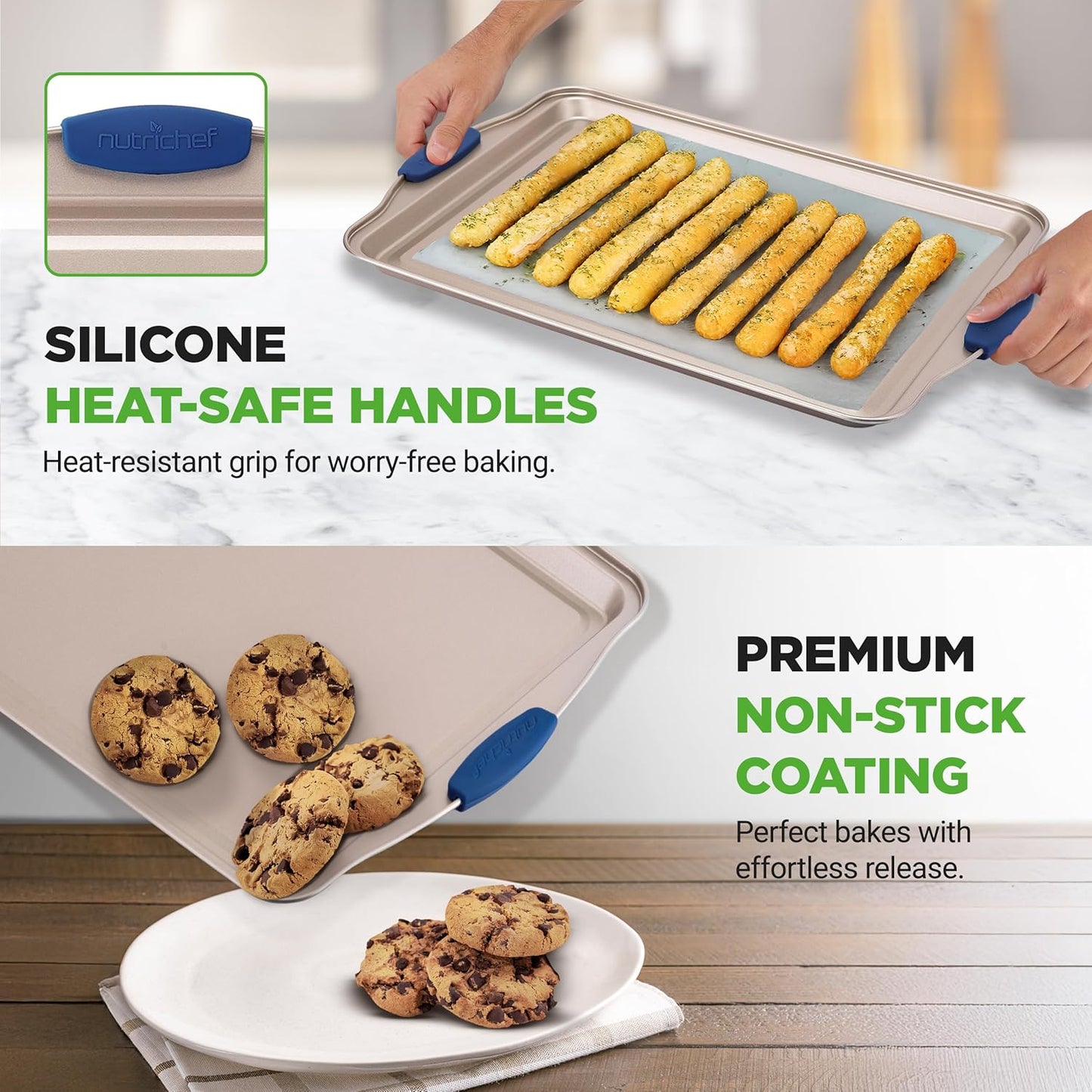 NutriChef 6-Piece Nonstick Bakeware Set - Premium Carbon Steel Trays with Heat-Safe Silicone Handles | Includes Loaf Pan, Muffin Pan, Round & Square Roasters, Cookie Sheet