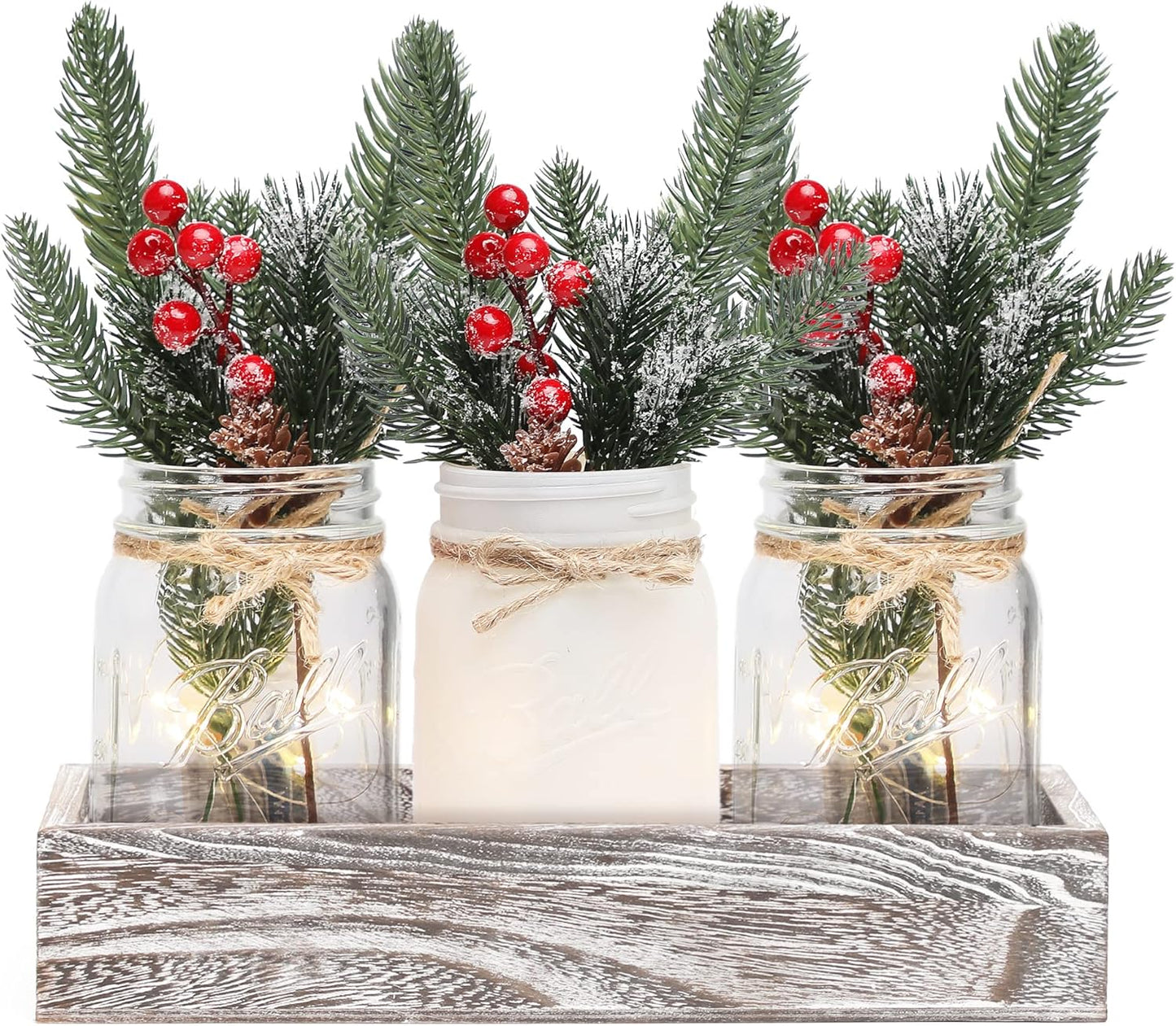 Skiennix Winter Mason Jar Centerpiece - LED Lights & Artificial Plants | Set of 3 Farmhouse Decor