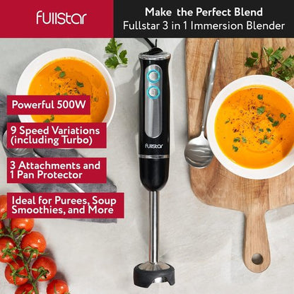 Fullstar Immersion Blender Set - 9-Speed 500W Handheld Electric Mixer for Smoothies | Black 3-in-1