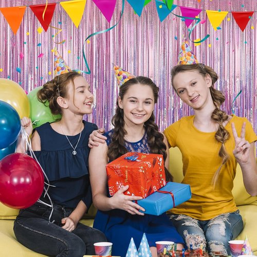 Crosize Laser Pink Foil Fringe Backdrop Curtain - 7 Pack | Perfect for Birthday Parties & Photo Booths