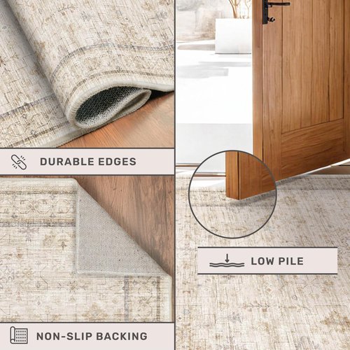 Beige 3x10 Washable Long Hallway Runner Rug Non Slip, Stain & Fade Resistant Farmhouse Kitchen Rug, Neutral Traditional Home Décor, Low Pile Non-Shedding Stain Resistant Oriental Carpet