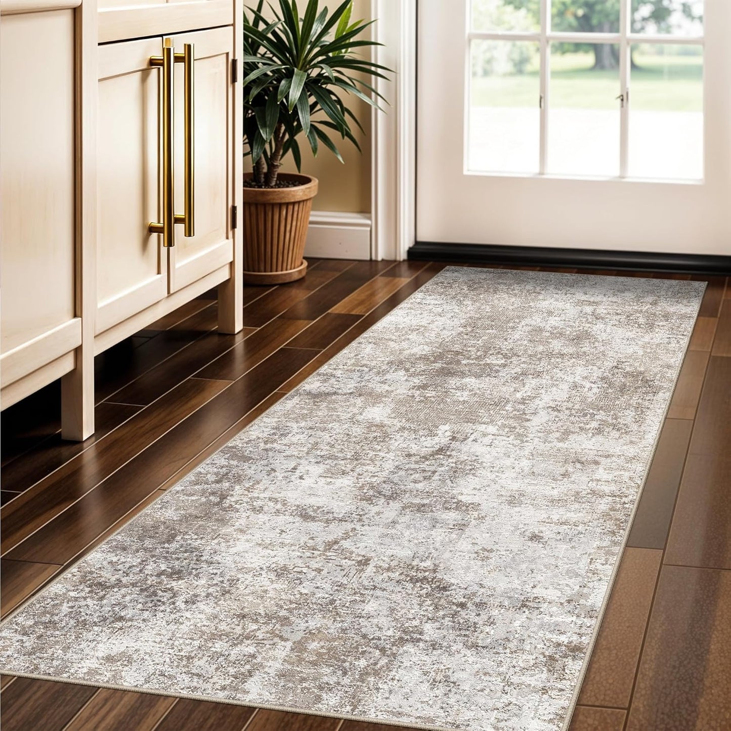Skiennix Washable 2x5 Entryway Runner Rug - Modern Abstract Non-Slip, Easy-Clean, Stain-Resistant (Brown/Beige)