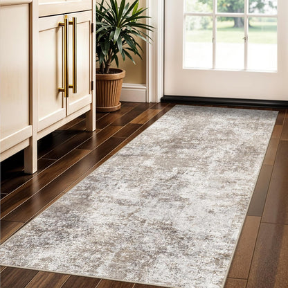 Skiennix Washable 2x5 Entryway Runner Rug - Modern Abstract Non-Slip, Easy-Clean, Stain-Resistant (Brown/Beige)