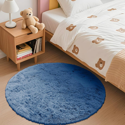 OLANLY Blue Round Area Rug - Soft, Fluffy, Machine Washable 3 ft Circle Carpet for Bedroom & Nursery Decor