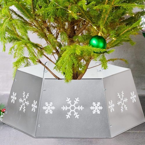 FORUP Metal Christmas Tree Ring - Printed Snowflake Design | Durable Tree Skirt Base Stand (Silver)