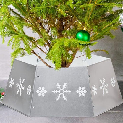 FORUP Metal Christmas Tree Ring - Printed Snowflake Design | Durable Tree Skirt Base Stand (Silver)