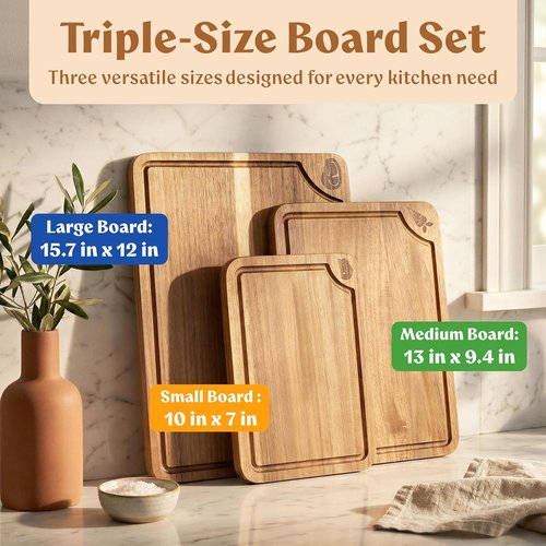 Acacia Wood Cutting Boards Set by [Brand Name] - Beeswax Finished, Non-Toxic, Juice Groove, Non-Slip Feet | 3-Piece Charcuterie Set