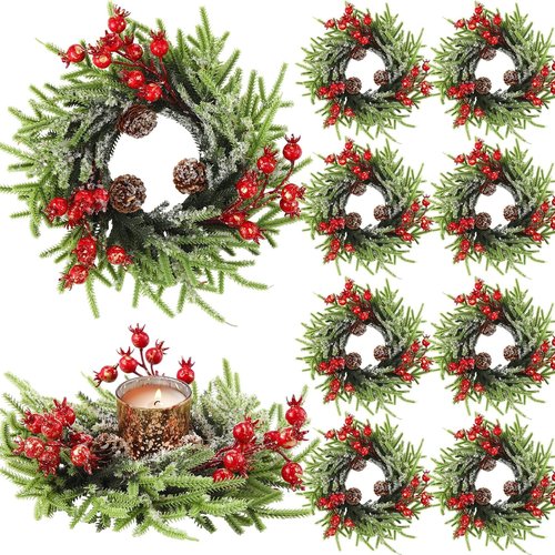 8 Pcs Christmas Candle Rings - 10 Inch Rustic Artificial Berries & Pine Cone Wreaths for Table Centerpieces