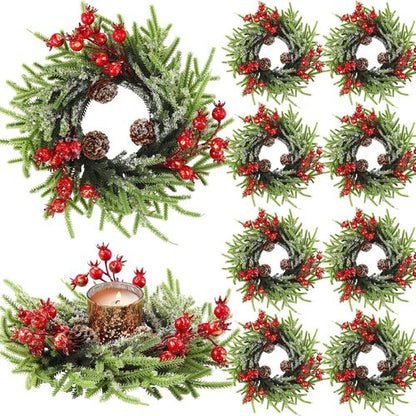 8 Pcs Christmas Candle Rings - 10 Inch Rustic Artificial Berries & Pine Cone Wreaths for Table Centerpieces
