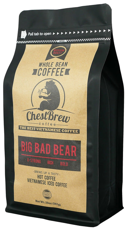 Chestbrew Whole Bean Coffee. Strong Medium Roast Vietnamese Coffee - Big Bad Bear Premium 20 Ounce Bag