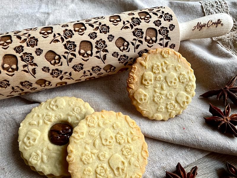 Skull Roses Embossed Rolling Pin – Beech Wood Dough Roller (7.9" Embossing Surface) - Halloween Cookie Stamp (Variation: Skull Roses)