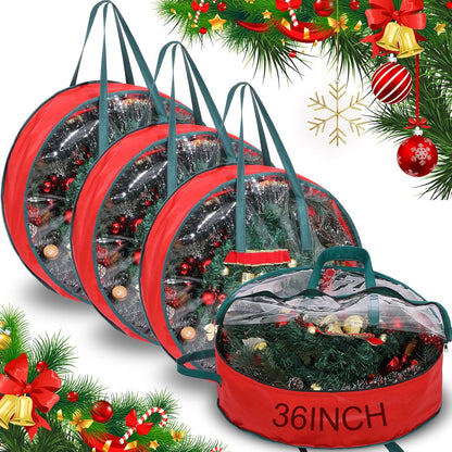 Shappy Wreath Storage Bag - 4 Pcs Red Clear Window Containers with Handle | 36 Inch Holiday Garland