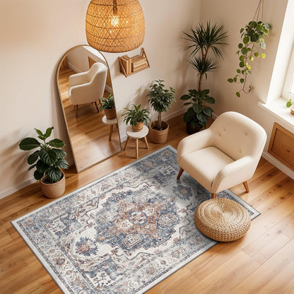 Skiennix Washable Area Rug - Non-Slip, Water-Resistant Kitchen & Bathroom Mat | 3x4, Brick Color