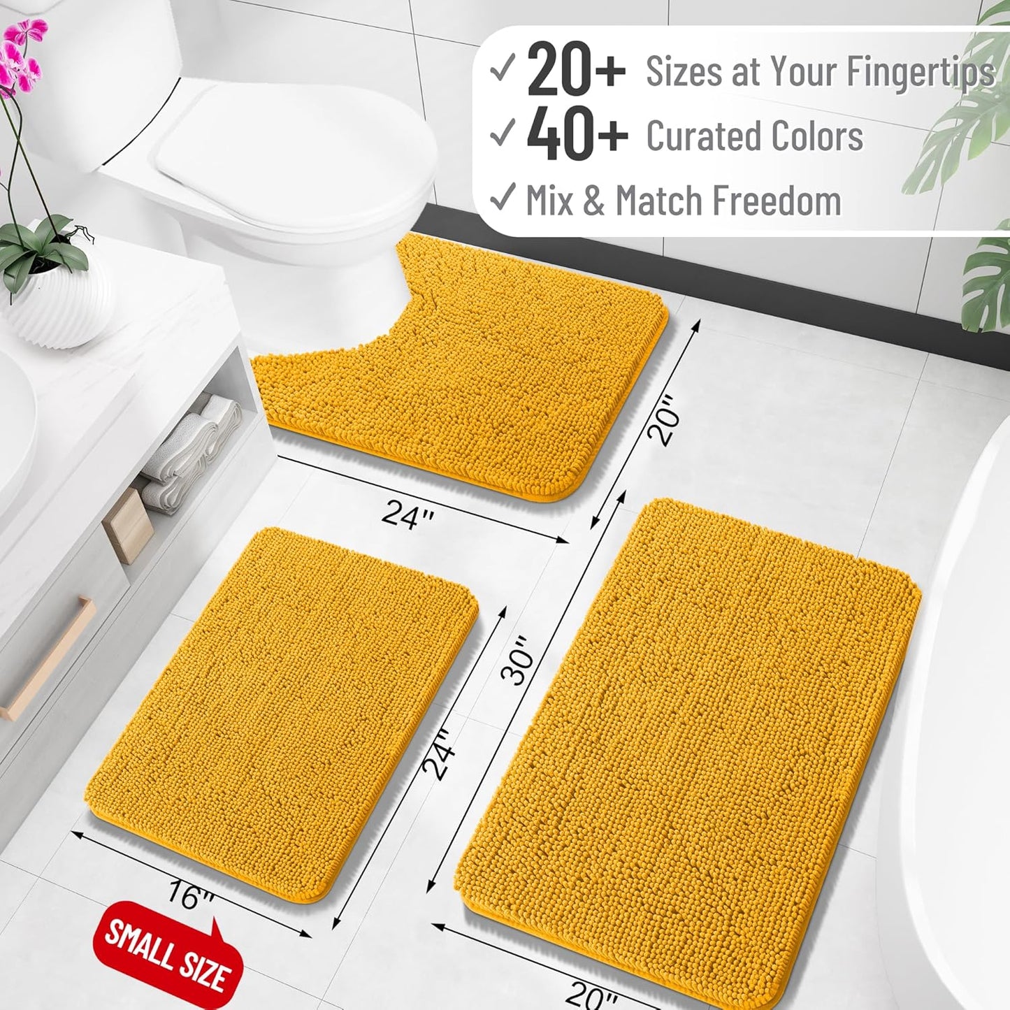 OLANLY Large Chenille Bath Rugs - Soft, Absorbent & Quick-Dry | 47x32, Golden Yellow, Machine Washable