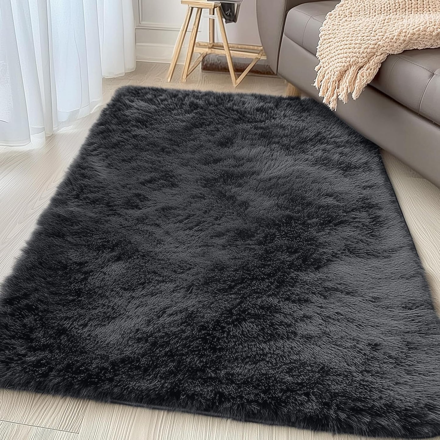 OLANLY Soft Fluffy Shaggy Area Rug - Machine Washable 3x4 Accent Rug for Bedroom & Living Room | Black