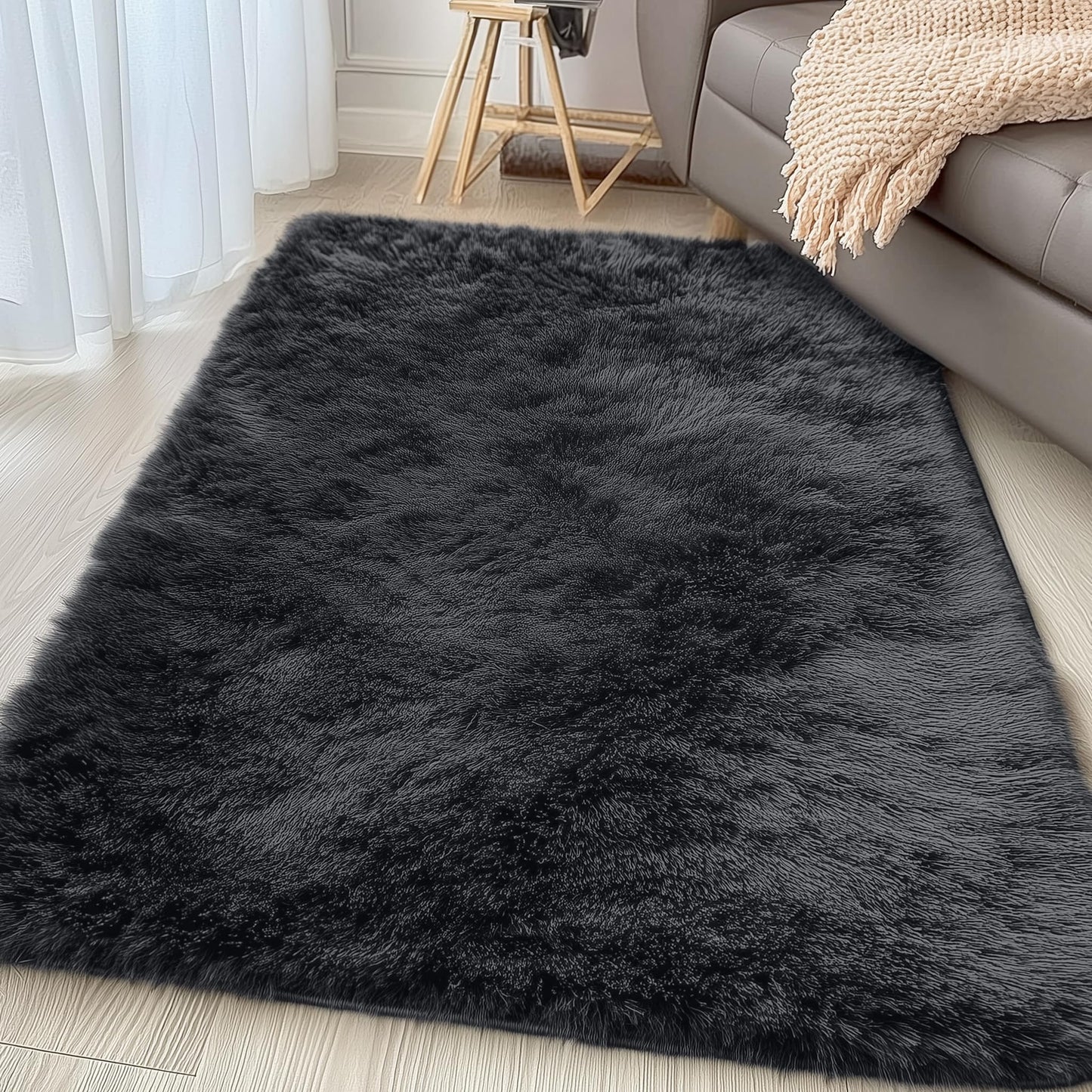 OLANLY 4x4 Machine Washable Accent Rug, Soft Fluffy Shaggy Area Rug for Bedroom, Living Room, Indoor Floor Carpet for Kids, Nursery, Home Decor, Black