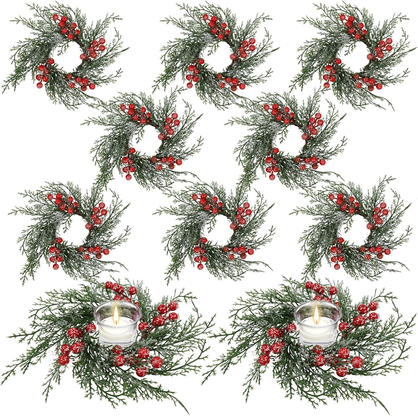 Regine Switzerland Christmas Candle Rings - 10 Pcs Red Berry & Snowy Pine Garland | Festive Table Centerpiece