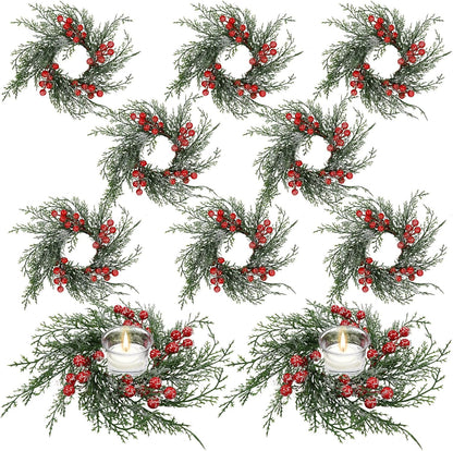 Regine Switzerland Christmas Candle Rings - 10 Pcs Red Berry & Snowy Pine Garland | Festive Table Centerpiece