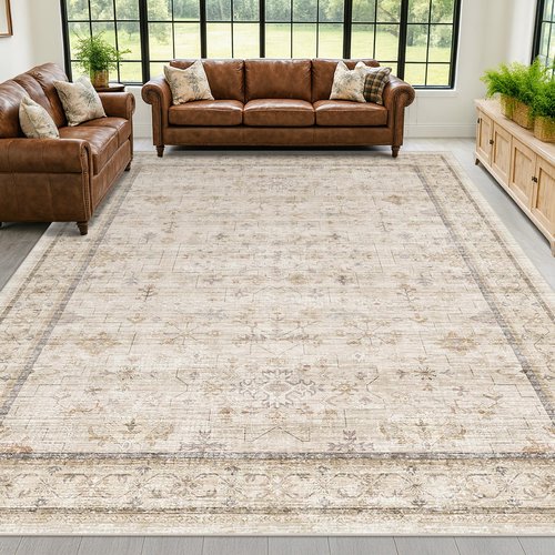 Beige Cream 10x12 Large Living Room Area Rug, Soft Neutral Carpet for Bedroom, Dining Room Under Table, Geometric Floral Contemporary Home Décor, Modern Non Slip Stain Resistant Floor Carpet