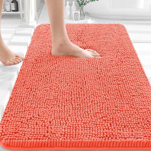 OLANLY Bathroom Rugs 36x24, Extra Soft Absorbent Chenille Bath Rugs, Rubber Backing Quick Dry, Machine Washable Bath Mats for Bathroom Floor, Tub and Shower, Home Decor Accessories, Coral