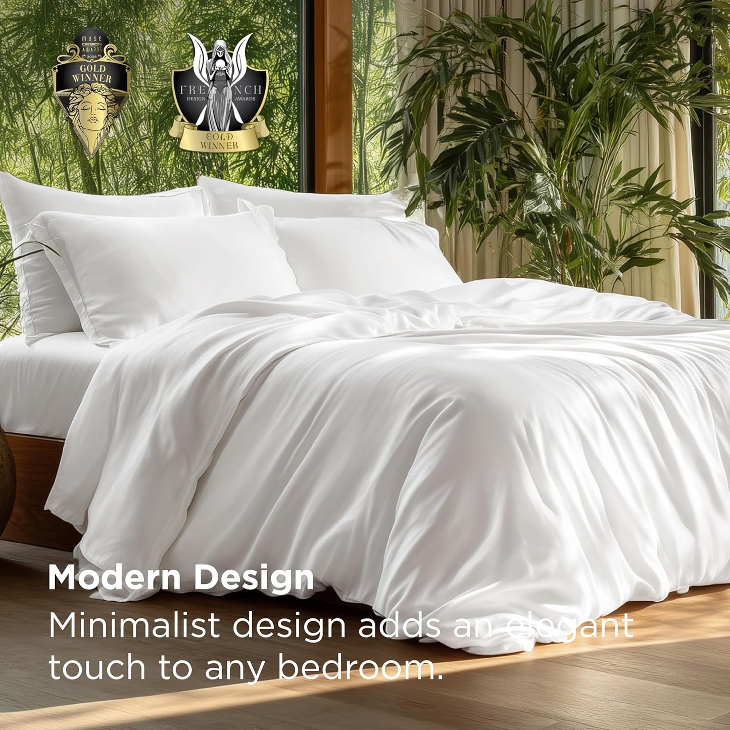 Bedsure Bamboo Duvet Cover Set - Lightweight & Silky Queen Size Comforter Cover for Hot Sleepers | Pure White