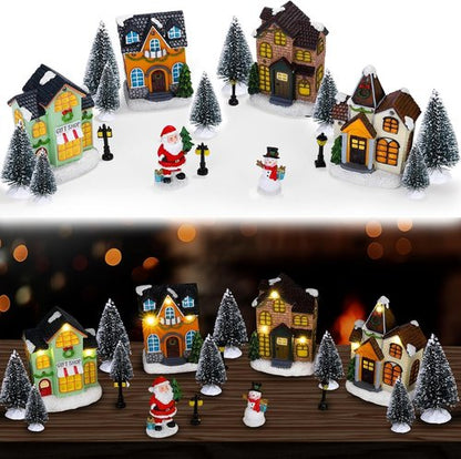 Aneco Christmas Village Set - 19 Resin Houses with Santa, Snowman & LED Lights | Winter Decor
