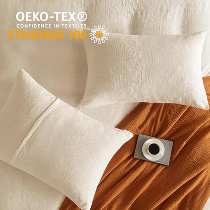 SE SOFTEXLY Muslin Duvet Cover Queen Size, 100% Washed Cotton Duvet Cover Set, Ultra Soft Comforter Cover Linen Like, 3 Pieces Minimalist Gauze Duvet Cover with 2 Pillowcases, 90"x90", Off-White