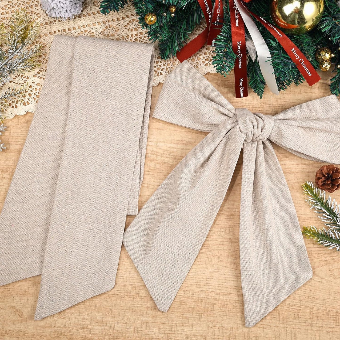 Skiennix 8 PCS Beige Linen Wreath Sashes - Embroidered Plain Design for Indoor/Outdoor Decor