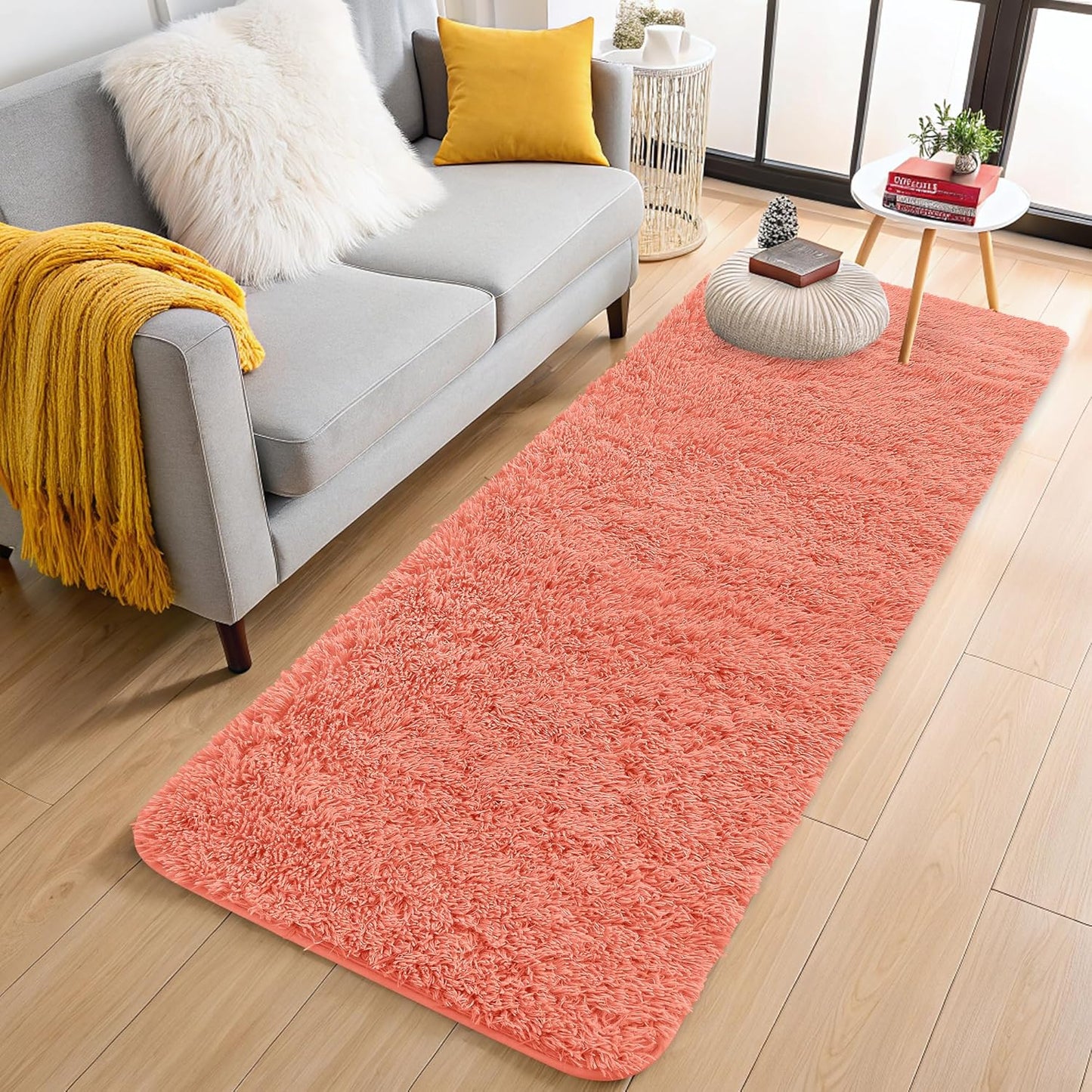 OLANLY Runner Rugs - 2x8 Machine Washable Soft Fluffy Shaggy Carpet for Bedroom & Hallway | Coral Red