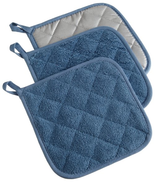 DII Basic Terry Collection Quilted 100% Cotton, Potholder, Blue, 3 Piece