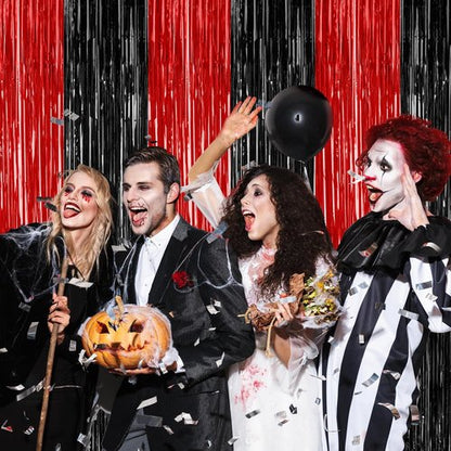 8 Pack Halloween Party Supplies - Red & Black Foil Streamer | 3.28 FT x 7.05 FT Metallic Fringe Curtains