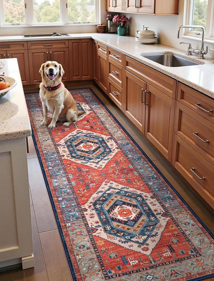 **SERISSA Runner Rug - Washable Non-Slip Kitchen Rug | Vintage Rust Boho Design, 2'6"x10'**