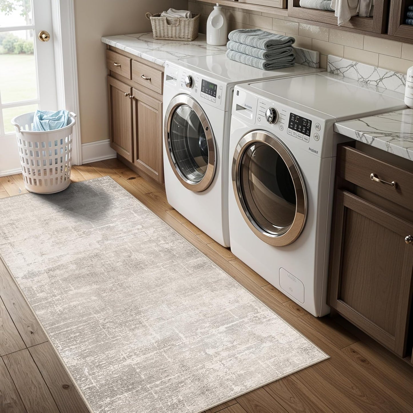 Skiennix Washable Kitchen Runner Rug - Abstract Design, Water Resistant, Non-Slip | 2x5 ft, Beige/Cream