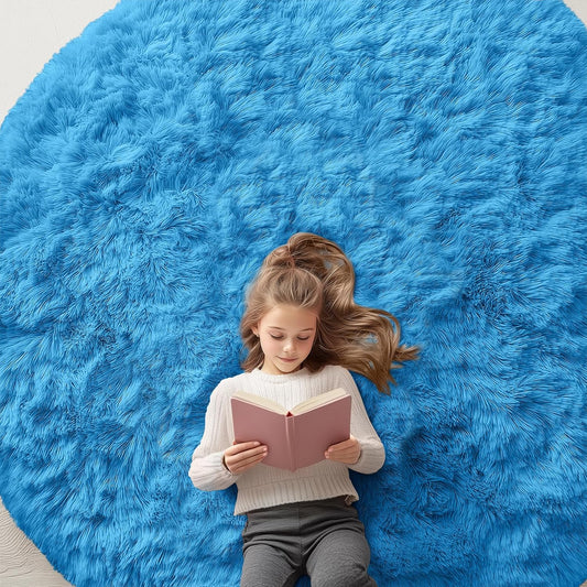 OLANLY Round Blue Area Rug - Soft, Fluffy, Machine Washable 7 ft Circle Carpet for Bedroom & Living Room Decor
