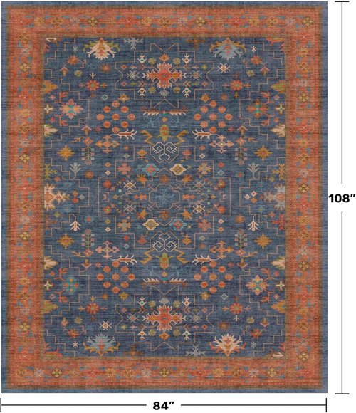 Hazo Haus Area Rug - Washable 7x9 Vintage Boho Dining Room Rug | Non-Slip Low Pile Design in Navy Blue