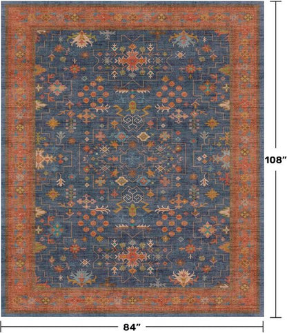 Hazo Haus Area Rug - Washable 7x9 Vintage Boho Dining Room Rug | Non-Slip Low Pile Design in Navy Blue
