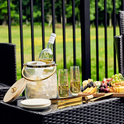 Le'raze Glass Ice Bucket with Airtight Lid, Tong Scooper and Handle - 3L Ribbed Beverage Tub Cocktail Home Bar Accessories, Wine, Beer Chiller for Parties, Champagne Drink Cooler Hinged Handles